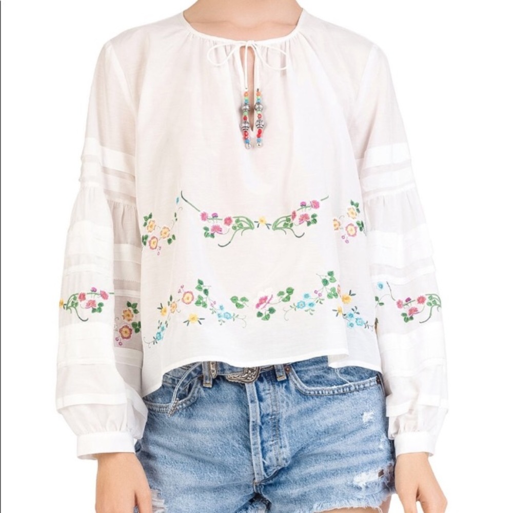 The Kooples shirred tie-detail embroidered top